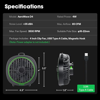 VIVOSUN AeroWave D4 Grow Tent Clip Fan with Detachable Hook, 4" Fan, 2-Pack | 3-Speed Strong & Quiet Airflow, Tent Fan with Adjustable Airflow Angle for Hydroponics, Circulation & Cooling - size: 4"-2 Pack