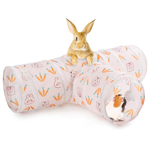 HERCOCCI Rabbit Toys, Bunny Tunnels & Tubes, Collapsible 3 Way Rabbit Hideout Tunnel with Chew Toys for Bunny Guinea Pig Ferret Kitten - color: White