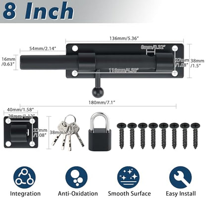 Alise 8inch Barrel Bolt Latch, Slide Bolt Latch, Heavy Duty Solid SUS304 Stainless Steel Slide Lock for Wooden Fence,Barn Door,Interior or Outdoor Door.Matte Black | SUS304 Stainless Steel Padlock-Style Slide Bolt Latch,Security Gate Latch for Wooden Fenc