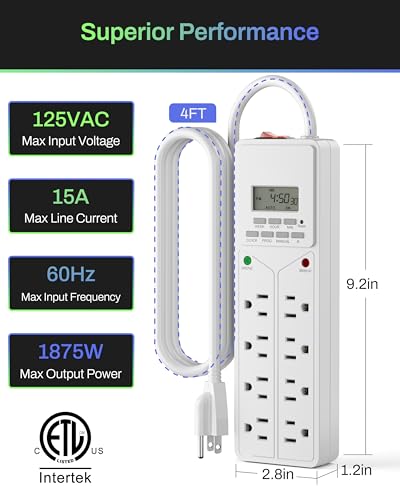 BN-LINK 8 Outlet Surge Protector with 7-Day Digital Timer (4 Outlets Timed, 4 Outlets Always On) - White | Power Strip Timer with 4 Timed & 4 Always-On Outlets, Indoor Light Timer for Aquarium, Grow Lights, Christmas Decor, 4FT Cord
