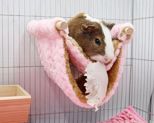 Fleece Winter Warm Rat Hammock, Double Layer Hanging Birds Nest Bed Tent with Warm Fleece, Bird Cage Stand Perch, Hideaway Cave Bed Accessories for Rat, Guinea Pig, Chinchilla (Pink) - color: Pink