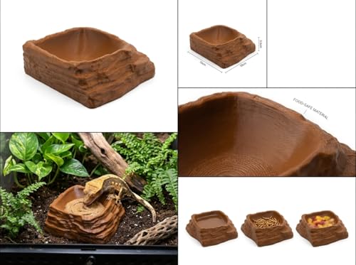 ReptiRock 3D Printed Reptile Worm Dish - Escape-Proof Worms and Mealworm Feeder Bowl - Eco-Friendly PLA Rock Texture Food Water Dish for Bearded Dragon, Gecko, Lizard, Brown