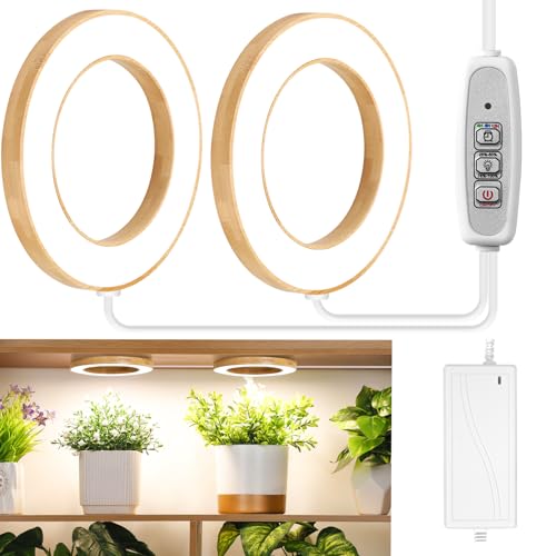 LORDEM 6.3" Bamboo Ceiling Grow Light for Indoor Plants, 144 LEDs Full Spectrum Grow Lamp, Under Cabinet Plant Light with 4/8/12H Auto Timer, 3 Switch Modes, 4 Dimmable Brightness Levels, Dual Head - color: Dual Light--Bamboo