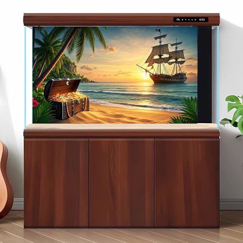 Beach Aquarium Background Pirate Ship Tropic Island Treasure Chest Fish Tank Background Sunset Vintage Pirates Sailing Old Ship Ocean Seascape Terrarium Backgrounds for Tank Backgrounds Decors 24x12in - color: Green_Blue, size: 24(W)x12(H)inches/ 60(W)*30