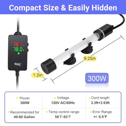 hygger ECO Precise Aquarium Submersible Heater, 300W for 40-60 Gallon Fish Tank Heater with Digital Display Adjustable Controller for Saltwater Freshwater - size: 300W for 40-60 Gallon