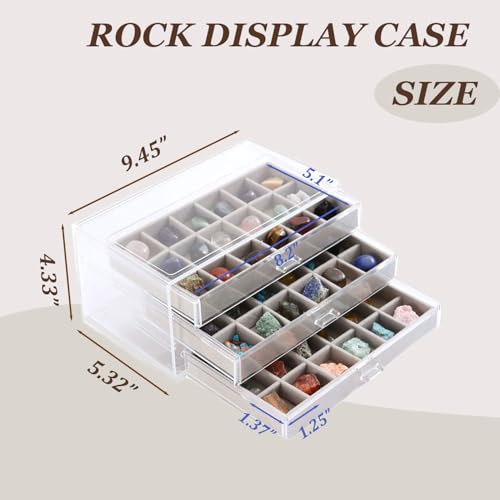 Rock Display Case, 54 Girds Rock Collection Display, Rock Collection Box for Kids with Acrylic Cover and Velvet Compartment, Gemstone Display Case for Stones, Crystals, Gems (Grey) - size: Grey