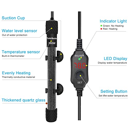 YukiHalu Small Submersible Aquarium Heater, Adjustable Mini Fish Tank Heater 25W 50W 100W 200W 300W with External Temperature Controller, LED Display, Used for 5/10/20/40/60 Gallons (300 Watt) - size: 300 Watts