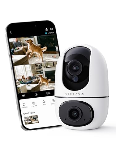 VIRTAVO Pet Camera Indoor No Subscription, for Dog Cat Baby, 360° PTZ | Dual Lens Dual View, Auto Motion Tracking, 2-Way Audio, Night Vision, Phone App, SD & Cloud Storage, Wired