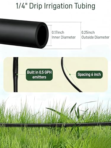 1/4" Drip Irrigation Tubing with 6" Emitter Spacing, (100 Ft Roll) Hydroponics Dripline, 1/4" Drip Irrigation Fittings Included, Built-in 0.5 GPH Dripper, Drip Line for Irrigation System (Black) - size: 100FT