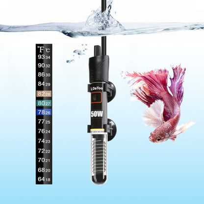 DaToo Mini Aquarium Heater 50W Small Fish Tank Heater 50 Watt with Free Thermometer Sticker(50W) - size: 50W