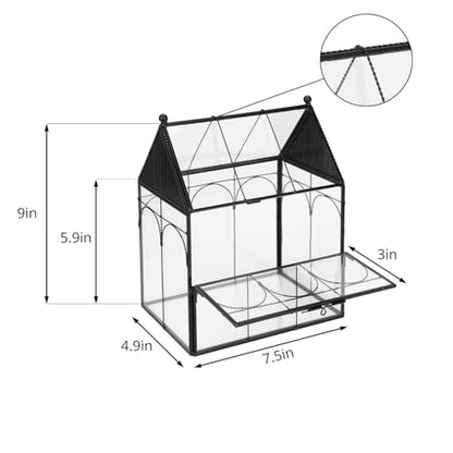NCYP Glass Jumping Spiders Enclosure with Vent Holes - 7.5" x 4.9" x 9" Vented Glass Terrarium for Small Spider, Mantis, Small Beetle, House Shape, Tabletop Decor, Black (Terrarium Only)
