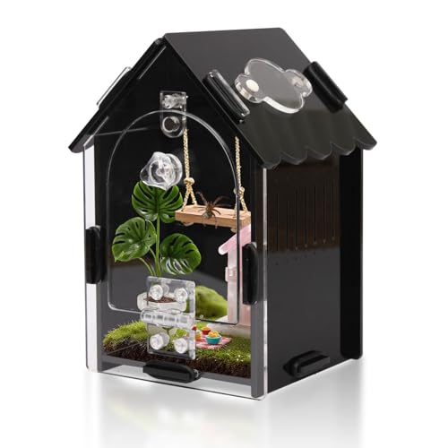Jumping Spider Enclosure Kit, 3.15x3.15x5.6 Inch Acrylic Terrarium with Magnetic Lock & Feeding Hole, Escape-Proof Mini Habitat for Tarantula, Mantis, Reptiles, Cricket Keeper
