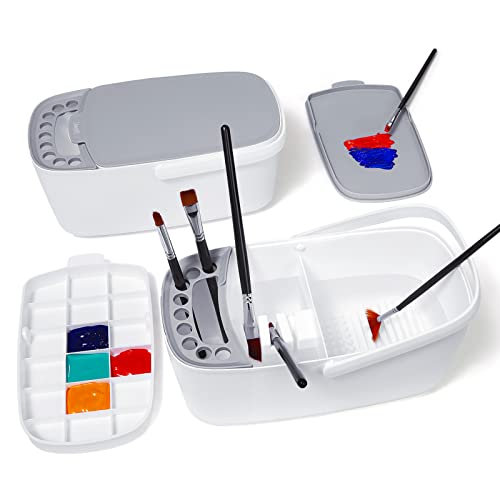 GAMENOTE Paint Brush Cleaner, Paint Brush Holder and Palette, White | All-in-one painting station washes and rests brushes, mixes colors, and stores paint in 18 wells with a portable handle. - color: White