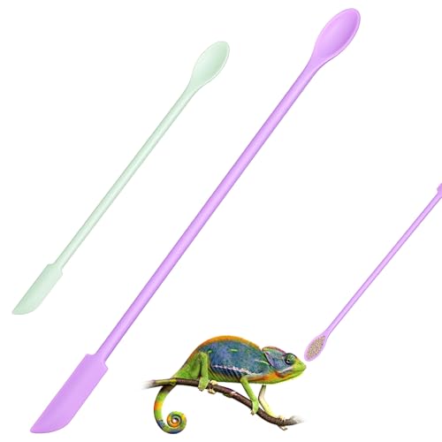 4 Pcs Reptile Feeding Tongs, Silicone Crested Gecko Food Spoon Set, Long Handle Reptile Spoon & Spatula for Lizard Gargoyle Bearded Dragon, Dual Size Purple Green Mixing Stirring Tool for Powder Fruit
