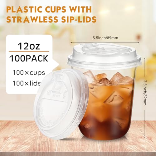 Baderke 100 Sets 12 oz Clear Plastic Cups with Lids,Sturdy Iced Coffee Cups with lids, Disposable Plastic Smoothie Cup for Cold Drinks - size: 12oz