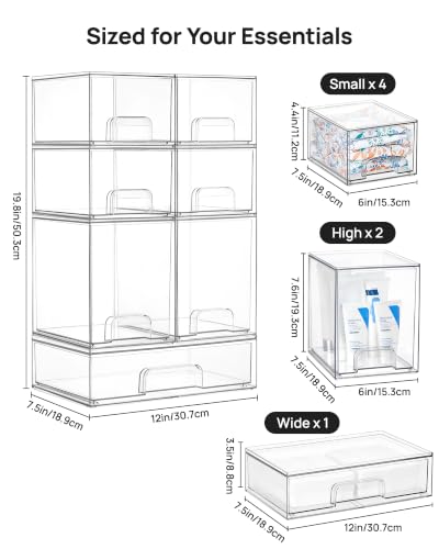 Vtopmart Stackable Storage Drawers Set of 7, Clear Plastic Organizer Bins for Baby Bottle, Beauty Supplies Storage, Ideal for Kichen Countertop, Vanity, Bathroom, Cabinet, Pantry Organization - style: 4 Small+2 High+1 Wide