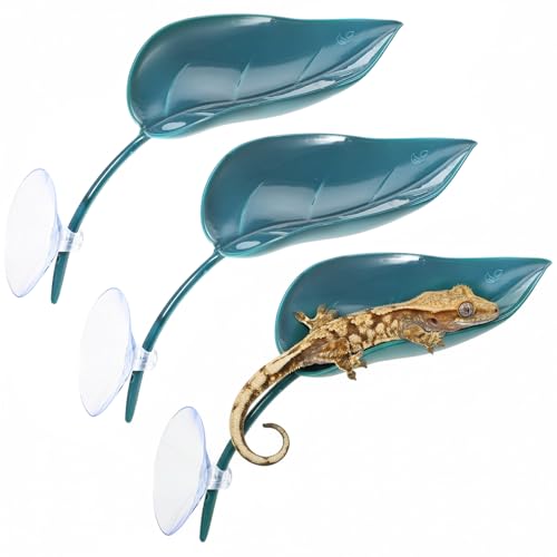 3 Pcs Leaf Shape Crested Gecko Hide, Plastic Wall Climbing Leaf Platform with Suction Cups Reptile Tank Accessories for Tree Frog Turtle Leopard Gecko (Dark Green)