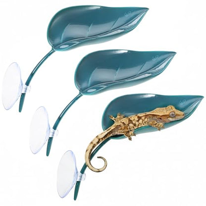 3 Pcs Leaf Shape Crested Gecko Hide, Plastic Wall Climbing Leaf Platform with Suction Cups Reptile Tank Accessories for Tree Frog Turtle Leopard Gecko (Dark Green)