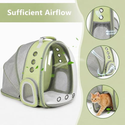 Expandable Cat Carrier Backpack with Bubble Window and Mesh, Light Green | Anti-collapse frame, breathable mesh, escape-resistant zipper clips and safety leash for vet visits and outdoor travel. - color: LightGreen