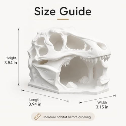 3D Printed Reptile Hide Skull Cave, T Rex Head Terrarium Decor for Leopard Gecko Juvenile Corn Snake Lizard Habitat, White Accent for Small Pets, 3.94 in