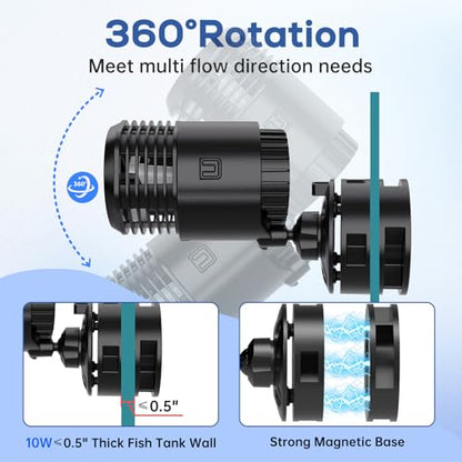 hygger Aquarium Wave Maker 10W 1500GPH Submersible Water Circulation Pump with Magnetic Base, Quiet Rotating Powerhead for 20-80 Gallon Freshwater & Saltwater Tanks - size: M