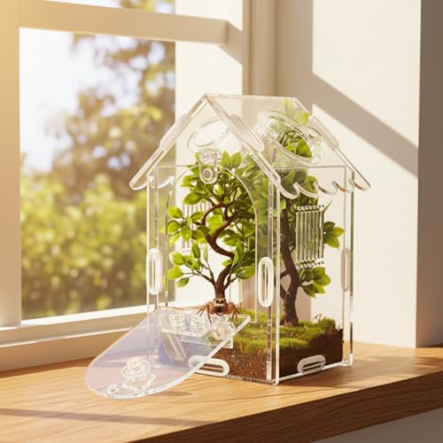 Jumping Spider Enclosure, Acrylic Terrarium with Magnetic Front Door, Includes Tweezers and Aquarium Thermometer Strip, Habitat for Mantis, Arboreal Tarantulas & Snails
