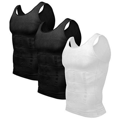 Odoland Men Compression Shirt 3 Pack Body Shaper Vest Tank Top | Nylon & Spandex, Moisture-wicking Tummy Shaper for Gym, Running, Daily, Breathable, Stretchy - color: Black/Black/White, size: 3X-Large
