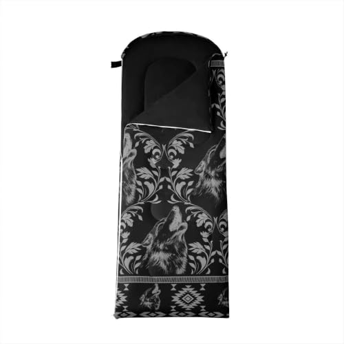Erosebridal Longhorn Cow Skull Sleeping Bag for Kids Goth Witchy Damask Camping Blanket for Hiking Travel Hunting Sleep Bag - color: Black Howling Wolf