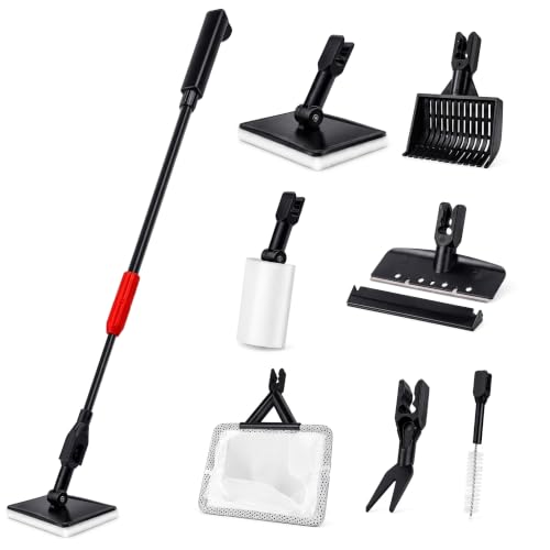 FISORAS Aquarium Cleaning Tools, 7 in 1 Fish Tank Cleaning Kit with Adjustable Long Handle,Aquarium Sponge Brush and Fish Net