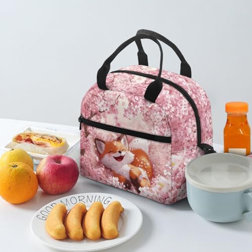 Fox Lunch Box Kids Insulated Lunch Bag for Girls Cherry Blossom Reusable Lunchbox Cooler Lunch Tote Bag for Kids Lunchbag with Shoulder Straps - color: Cherry Blossom Fox Print