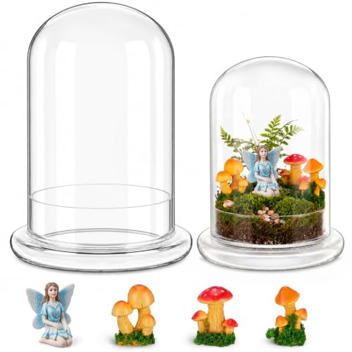 Hushee 5 Pack Decorative 1 Glass Cloche Dome 8.2'' x 5.9'' with 3 Mushroom & 1 Fairy Figurines Closed Mini Terrarium Glass Cloche with Base for Desk Small Plant Indoor Miniature Tabletop - No Plants - size: 8.2'' X 5.9''