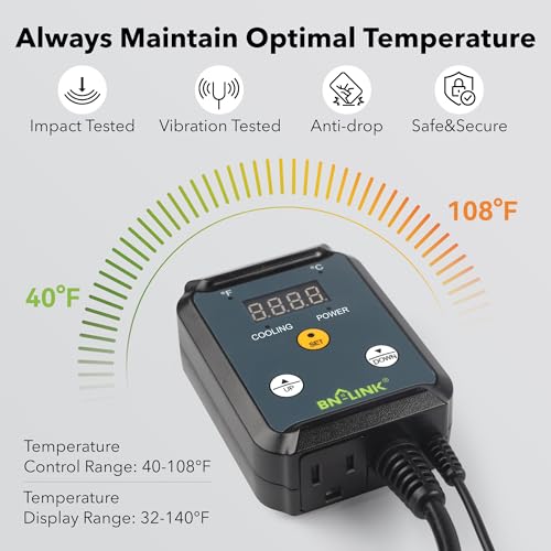 BN-LINK Digital Cooling Thermostat Temperature Controller Plug Outlet | Thermal Switch For Attic Fan, Exhaust Ventilation Fan, Cooling Devices, Greenhouse, Garage, Brewing,40-108°F 8.3A 1000W, ETL