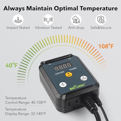 BN-LINK Digital Cooling Thermostat Temperature Controller Plug Outlet | Thermal Switch For Attic Fan, Exhaust Ventilation Fan, Cooling Devices, Greenhouse, Garage, Brewing,40-108°F 8.3A 1000W, ETL