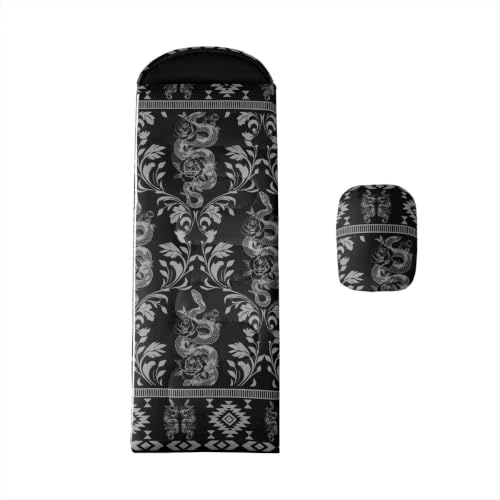 Erosebridal Longhorn Cow Skull Sleeping Bag for Kids Goth Witchy Damask Camping Blanket for Hiking Travel Hunting Sleep Bag - color: Black Tropical Snake