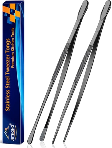 JETKONG 2 Pcs 14-Inch Food Tweezer Tongs Extra Long Stainless Steel Kitchen Tweezer Cooking Tweezers (Black) - color: Black, size: 14+14 Inch