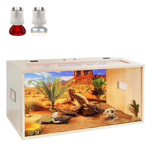 Bearded Dragon Tank, 35 Gallons Wooden Reptile Enclosure, Tempered Glass Lizard Tank, Large Bearded Dragon Enclosure with Built-in Lamp Fixture for Lizard - color: Oak, size: 35 gallons