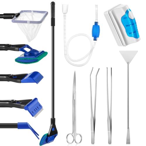 Aquarium Fish Tank Cleaning Tool Kit Include 4 Pcs Long Aquascape Tools Kit 1 Pcs Magnetic Glass Cleaner Brush 5 in 1 Fish Tank Gravel Cleaner and Siphon Vacuum for Terrarium Fish Tank Set