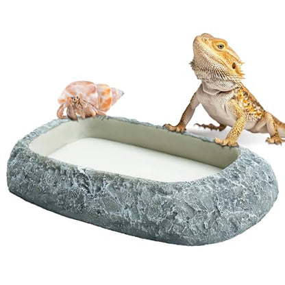 Reptile Feeding Dish, Water Dish and Food Bowl, Resin Rock Reptile Feeding Terrarium Corner Bowls for Bearded Dragon Lizard Frog Gecko Tortoise Hermit Crab Snail