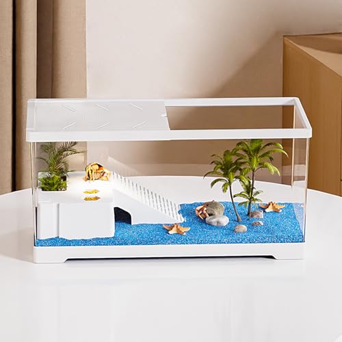 Turtle Fish Tank with Basking Platform and Bottom Drainage, 15.8" x 8" x 8.8" Aquatic Turtle Tank for Juvenile Turtle, Crayfish, Crabs, Amphibians, Reptiles, PC Material, White Color - size: 15.8" x 8" x 8.8"