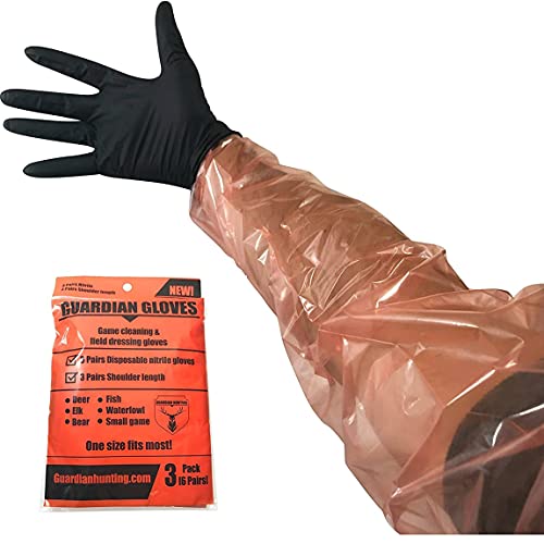 Deer Gutting Gloves Field Dressing Gloves with Long and Short Gut Glove Combo Pack (Black/Orange, 3 Pack (6 Pairs))