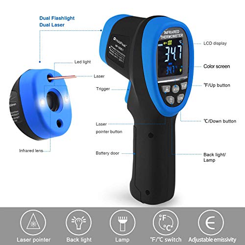 HOLDPEAK IR Thermometer with Color LCD Display -58℉~3272℉ D:S=50:1 Non-Contact Thermometer Gun, Nine Laser Pointer Adjustable Emissivity for Cooking, Grill, Industrial - color: 1PC-HP-1800C-BLUE(Color Screen -50~1800℃)