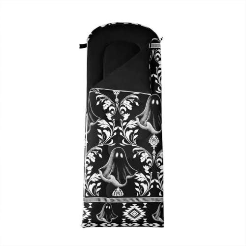 Erosebridal Longhorn Cow Skull Gothic Witchy Damask Sleeping Bag for Kids Camping Blanket for Hiking Travel Hunting Sleep Bag - color: Black and White Halloween Ghost