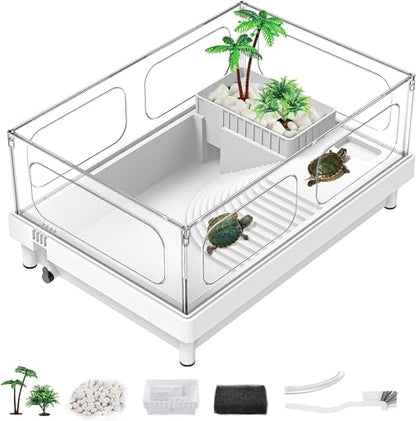 MoonOrange Small Turtle Tank, Acrylic Turtle Terrarium with Basking Platform, Bottom Drainage, Multi-Function Areas for Turtles, Crabs, Crayfish, Small Reptiles (White Tank) - color: White Tank