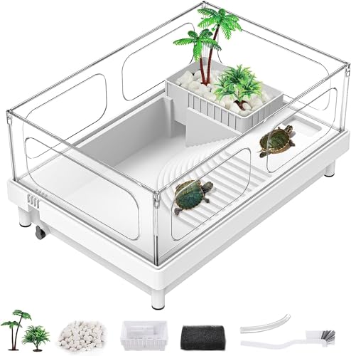 MoonOrange Small Turtle Tank, Acrylic Turtle Terrarium with Basking Platform, Bottom Drainage, Multi-Function Areas for Turtles, Crabs, Crayfish, Small Reptiles (White Tank) - color: White Tank