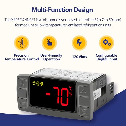 XR03CX-4N0F1 120V Temperature Controller Compatible with Dixell, NTC Probe | 120V 50/60Hz, compatible with Dixell XR03CX-4N0F1, single NTC probe, alarm relay, digital display - style: XR03CX-4N0F1