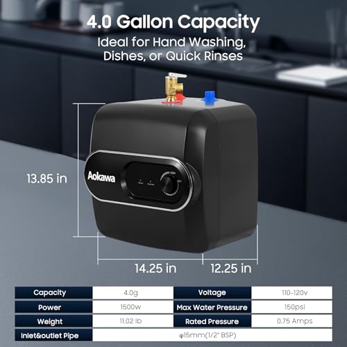 4.0-Gallon Electric Mini Tank Water Heater, 1500W Instant Under Sink Hot Water Heater, Compact Point-of-Use Design for Kitchen, Bathroom, RV, Wall or Floor Mount, Adjustable Temperature - style: 4.0 Gallon