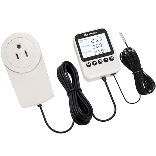 KETOTEK Digital Thermostat Timer Plug Outlet – Auto Day/Night Temperature Controller, Temp Switch 120V Backlit LCD for Reptile Terrarium & Greenhouse, 3 Modes Selectable, 3m Sensor Probe