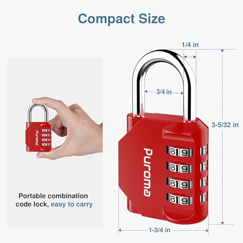 Puroma 1 Pack Combination Lock Locker 4 Digits Combo Padlock Gym Red | For School Gate Fence Toolbox Hasp Storage, Outdoor, Resettable, Weatherproof, Side Window, Crack Cut Resist, Hardened Steel - color: Red