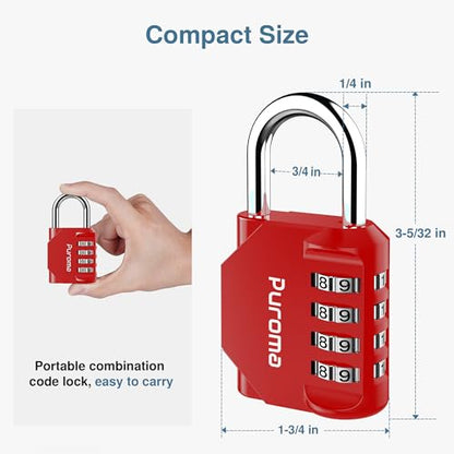 Puroma 1 Pack Combination Lock Locker 4 Digits Combo Padlock Gym Red | For School Gate Fence Toolbox Hasp Storage, Outdoor, Resettable, Weatherproof, Side Window, Crack Cut Resist, Hardened Steel - color: Red