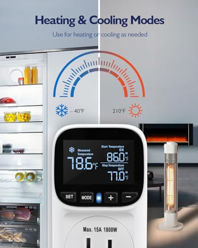 Digital Temperature Controller, Heating Cooling Thermostat Outlet | –40℉~210℉, Heavy Duty 15A 1800W Plug in Thermostat with LCD Display, Temperature Controlled Outlet for Homebrew Greenhouse - style: White